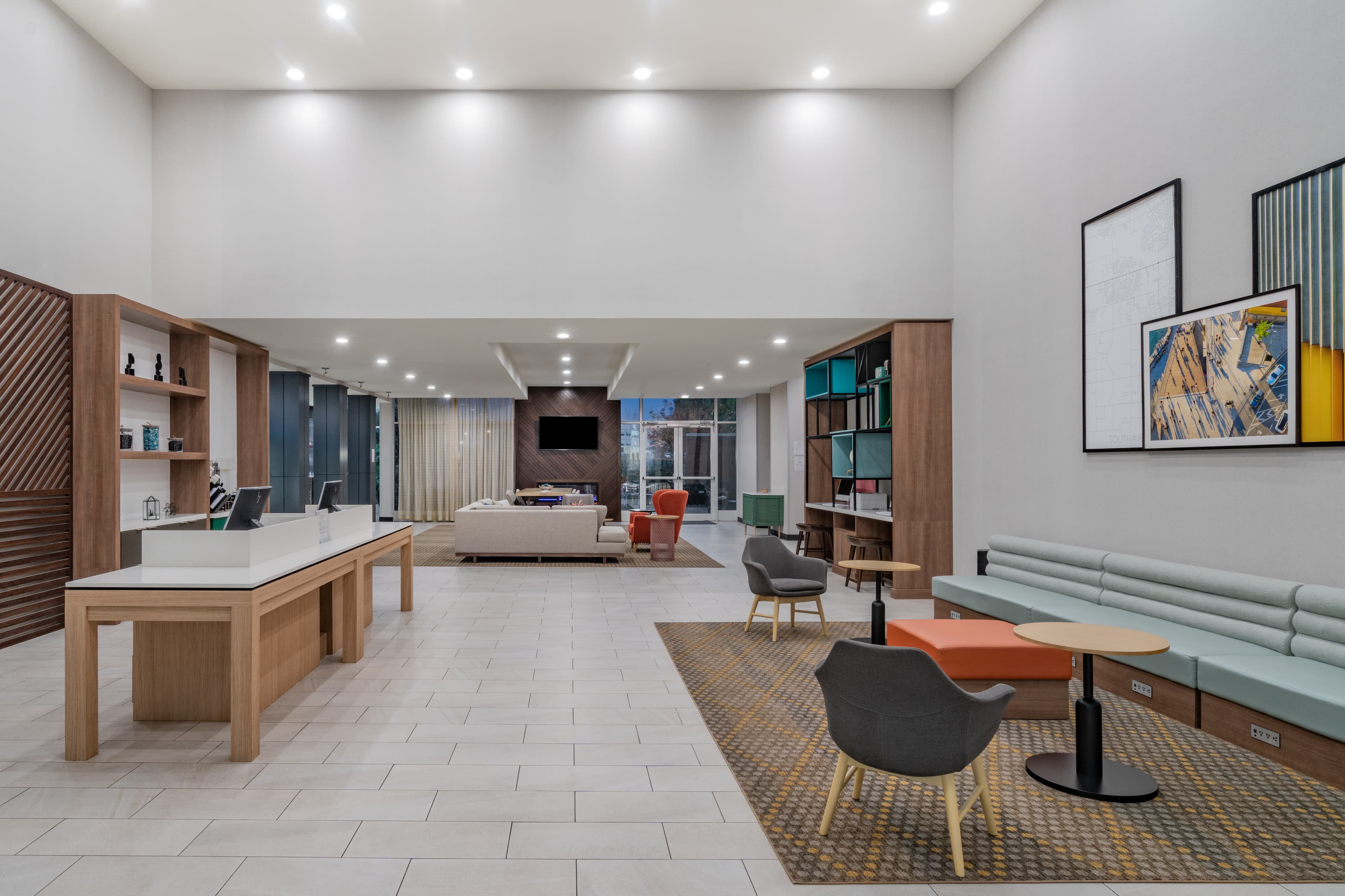 Bright hotel lobby with lounge seating at a Southaven area hotel